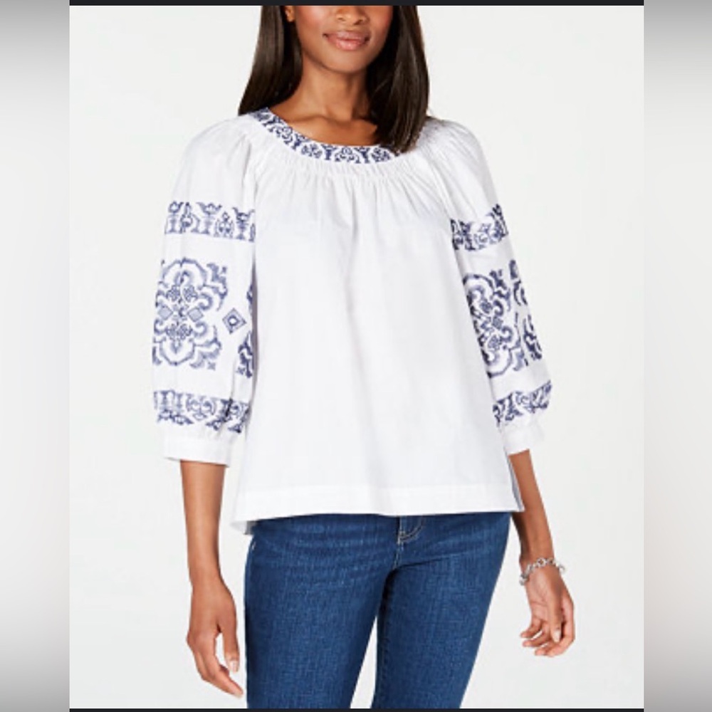 Tommy Hilfiger White Peasant Blouse with Navy Embroidery